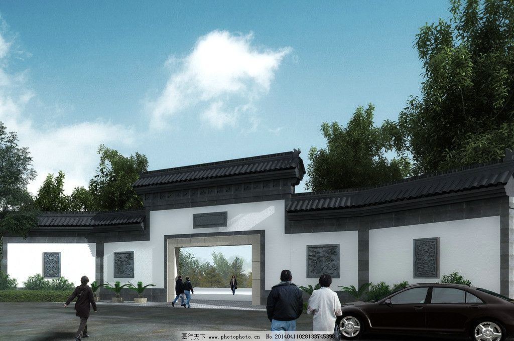 围墙大门透视 特色 民宿 民居 山村 园林 设计 规划 建筑 景观