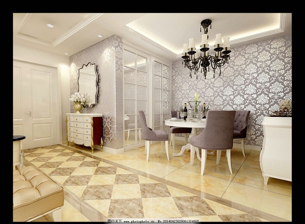 欧式家装效果图 欧式 紫色 家装        玄关 走廊拼花 餐厅 建筑设计
