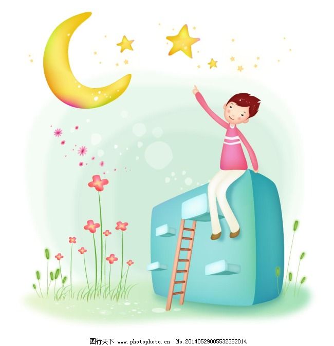 卡通数星星的孩子,卡通数星星的孩子免费下载 花朵 梯子-图行天下图库