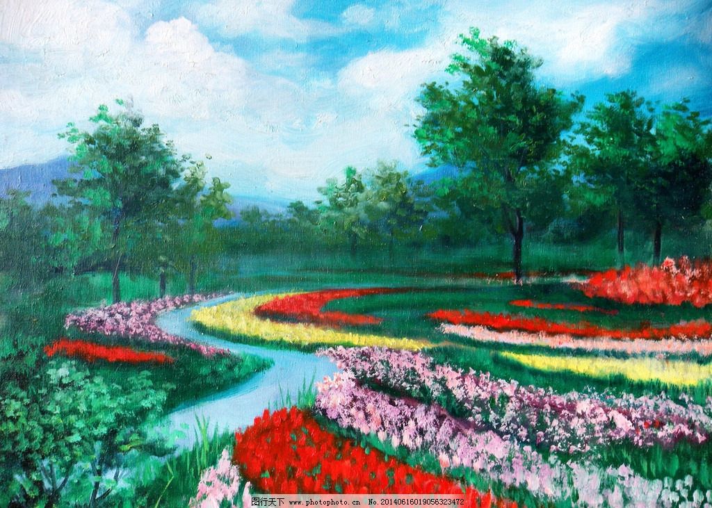 花园油画 美术 油画 风景 园林 花地 花木 鲜花 树木 油画艺术 绘画图片