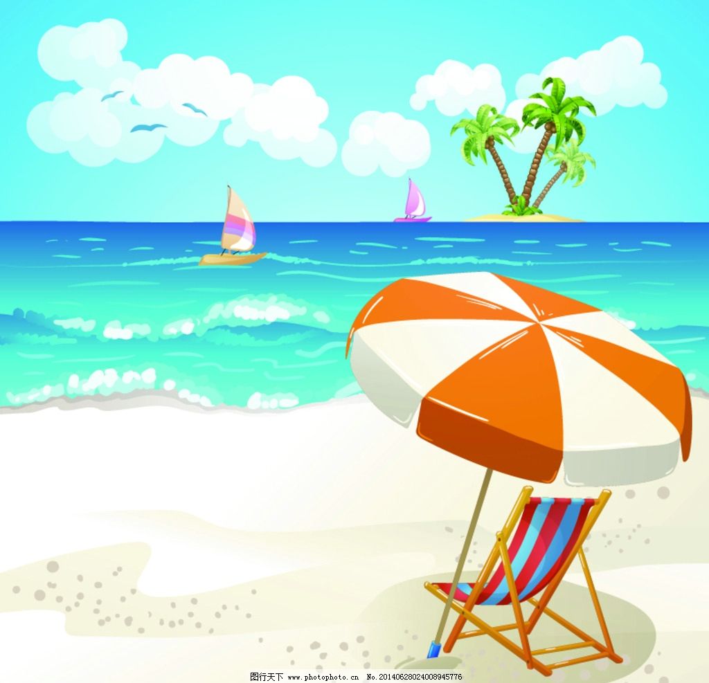 夏日沙滩风景 沙滩 海滩 遮阳伞 帆船 椰树 蓝天 阳光 夏日 夏天 时尚